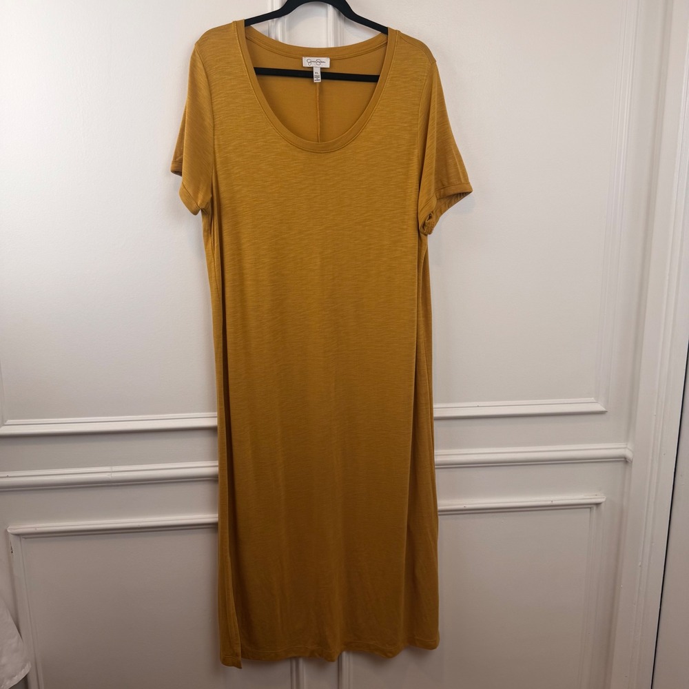 Jessica Simpson Mustard Yellow Slub Knit Maxi Dress Short Sleeve Scoop Neck XL